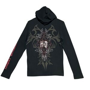 2009‎ Harley Davidson Women's L Black Graphic Hoodie Rivets Thermal LS Henley